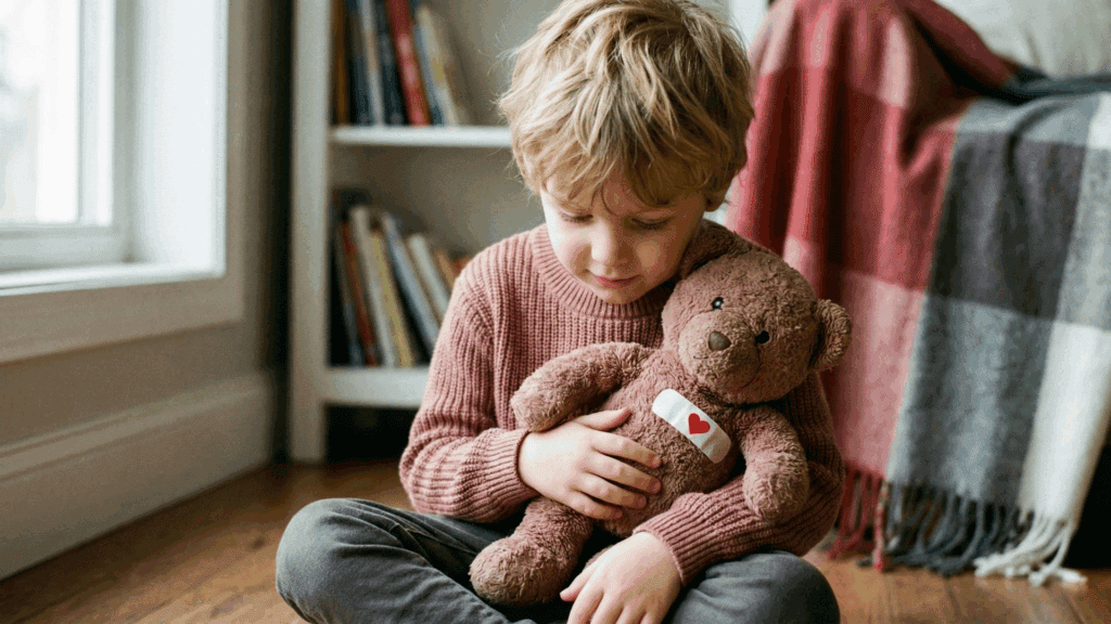 A small child sits on the floor gently holding a teddy bear with a heart patch, symbolizing early bonding in the neuroscience of love.