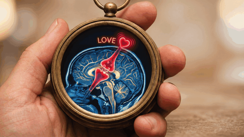 A hand holds a pocket watch displaying a glowing brain and heart shaped neural signal, symbolizing time, emotion, and the neuroscience of love