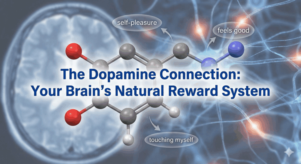 The illustration depicts a dopamine molecule on a blue neural background, illustrating the neuroscience of masturbation and self-pleasure in the brain.