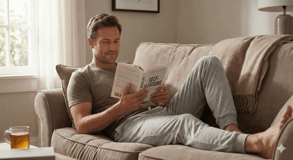 Relaxed man reading a Self-Pleasure book on a sofa, symbolizing mindful self-pleasure and the neuroscience of masturbation.



