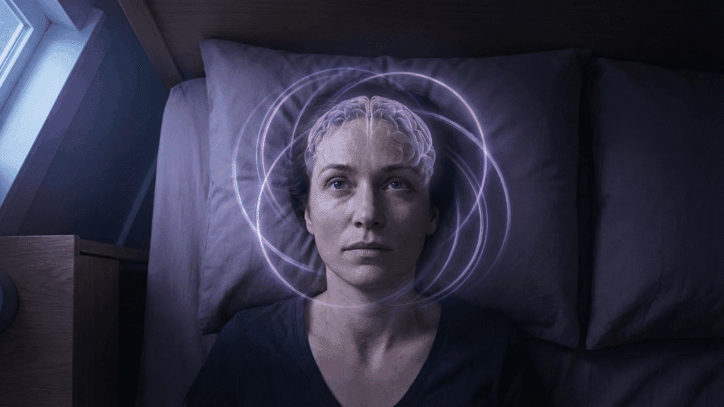 The image of a woman lying awake in bed with glowing loops circling her brain illustrates worry cycles and the neuroscience of rumination.