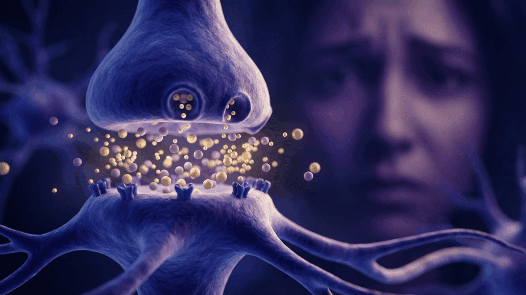 The image depicts a close-up of a synapse releasing neurotransmitters, accompanied by a distressed woman, thereby illustrating the neuroscience of rumination.