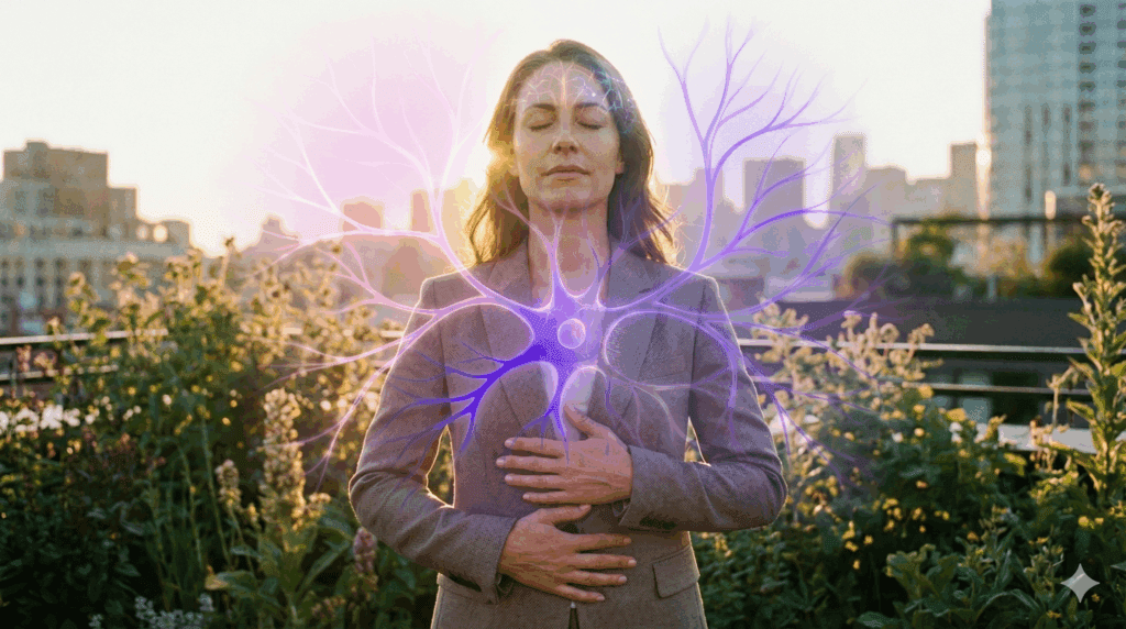 A woman practices mindful breathing outdoors as glowing neural pathways radiate from her chest, symbolizing the neuroscience of rumination.