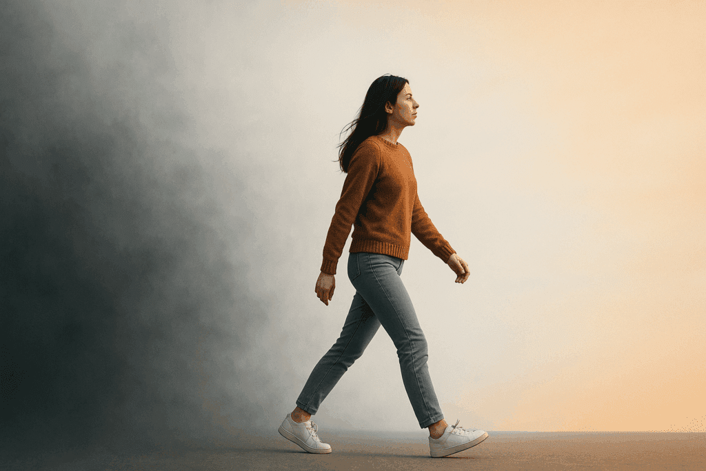 A woman in a warm sweater and jeans walking forward with purpose, symbolizing emerging from ADHD and brain fog toward clarity and confident progress.