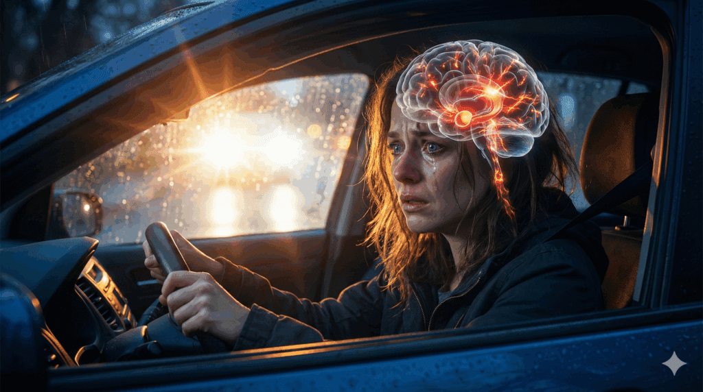 The image depicts a distressed woman sitting in a car at night, her glowing brain overlay revealing HPA axis activation and stress response.