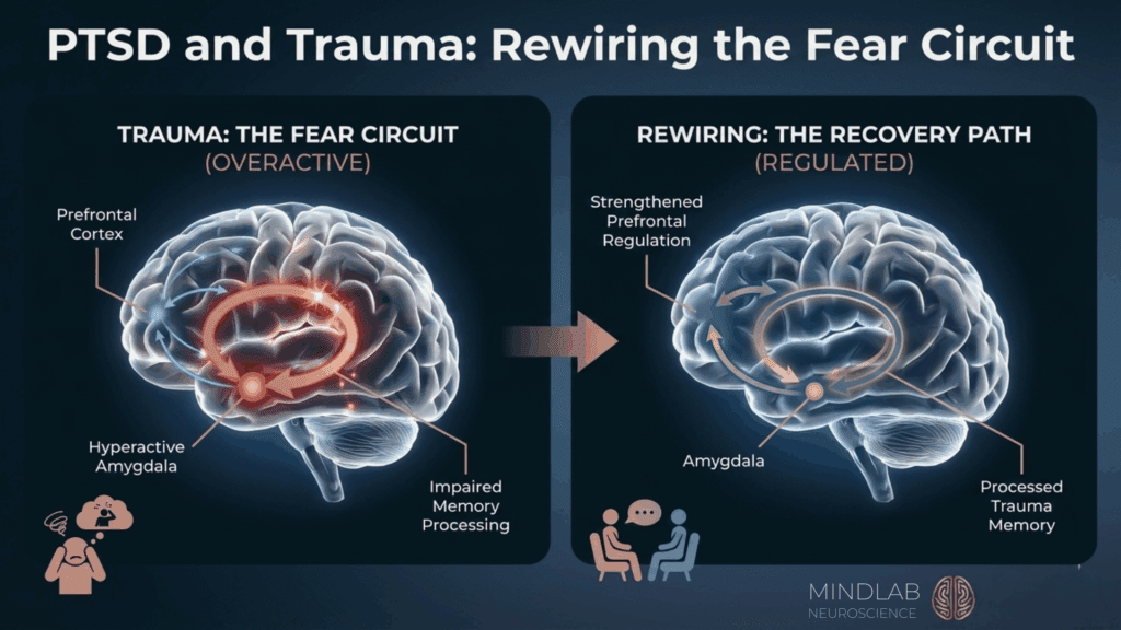 Side-by-side brain diagrams showing PTSD fear circuit overactivity and regulated recovery path demonstrating how neuroscience-based coaching rewires trauma pathways.