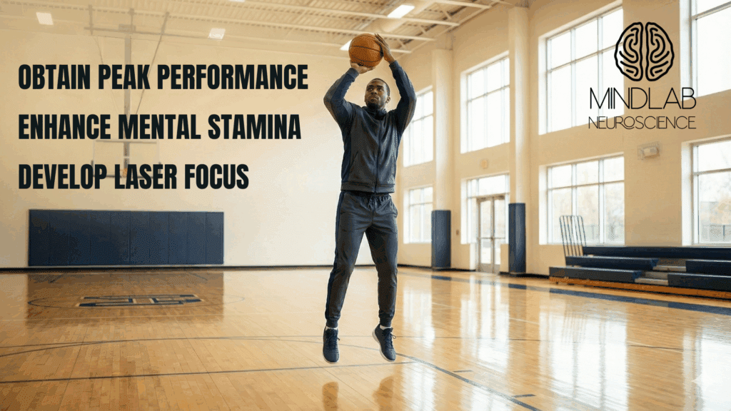 Athlete shooting basketball in gym demonstrating peak performance mental stamina, and laser focus achieved through neuroscience-based coaching, training, and optimization at MindLAB Neuroscience.




