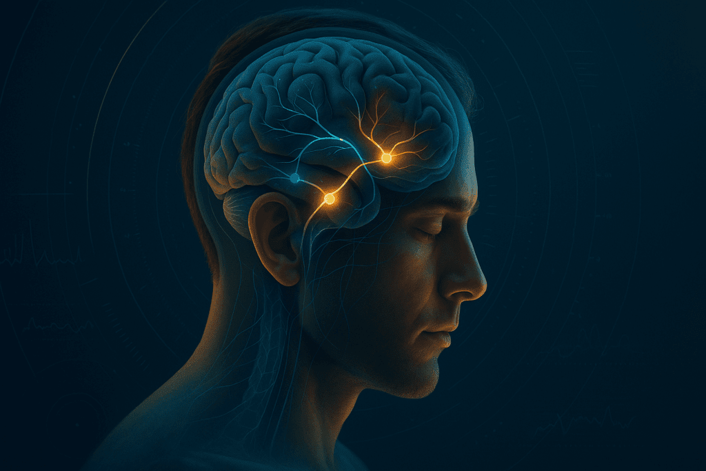 Digital illustration of a person’s brain highlighting precision dopamine pathways and neural activation for optimized motivation and executive function.





