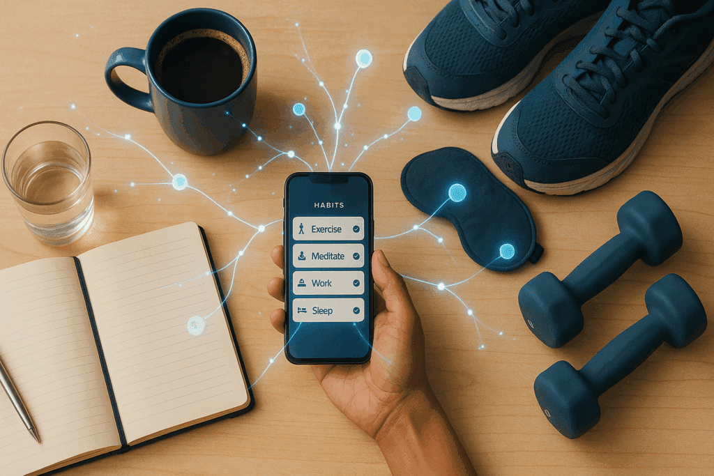 Habit tracking app surrounded by daily wellness tools, visually highlighting precision dopamine signaling for routine building and brain optimization.