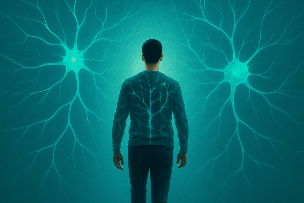 ALT TEXT
Man stands surrounded by glowing neural network pathways representing rewire your brain after trauma, neuroplasticity recovery, and forward movement toward mental health transformation. 