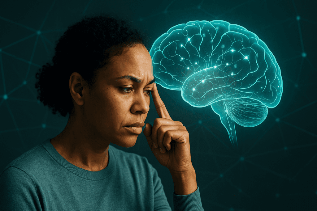 Woman with hand to face displays glowing digital brain illustration representing neuroplasticity, rewire your brain after trauma, mental health recovery, and cognitive healing. 