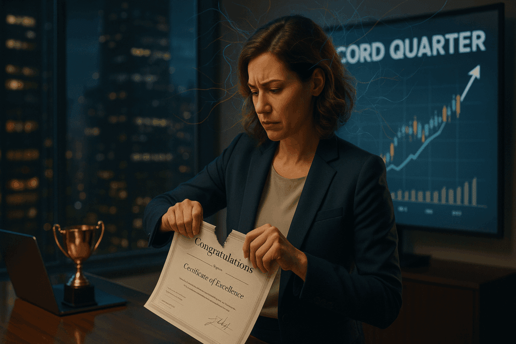 Professional woman in business setting with record quarter charts doubting her success while holding certificate of excellence, representing self-sabotage.