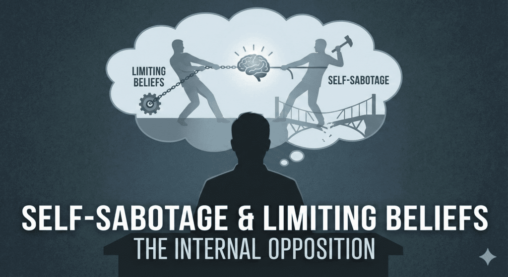 Internal conflict illustrated by silhouette with two opposing forces over brain showing limiting beliefs and self-sabotage barriers in neuroscience of behavior change