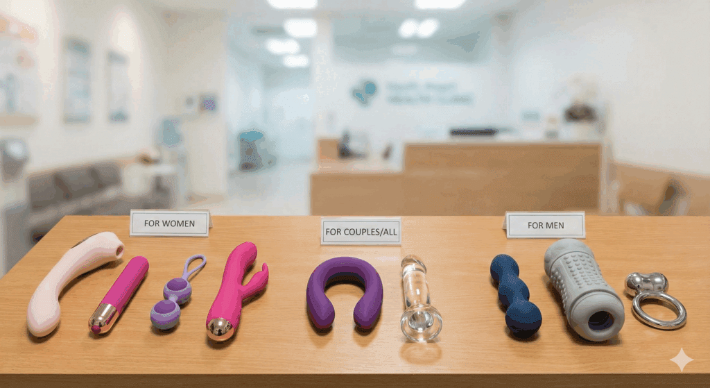 Sexual toys organized by category; women, couples, men options from neuroscience of masturbation self-pleasure guide