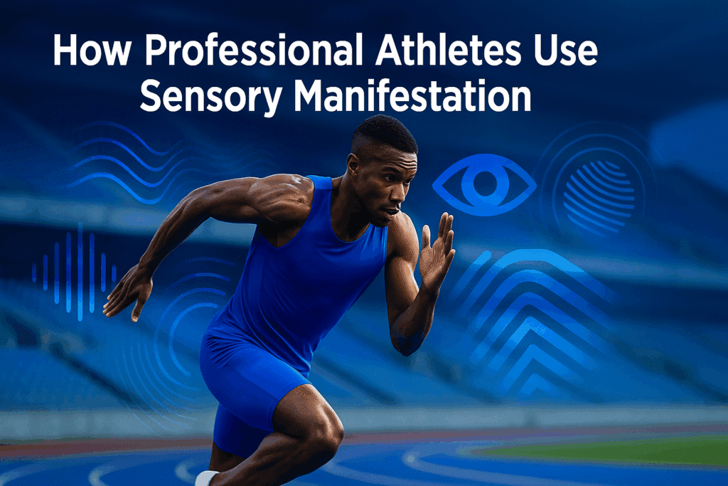 Professional athlete sprinting in stadium with digital eye symbols and sound waves representing multi-sensory manifestation for peak performance.