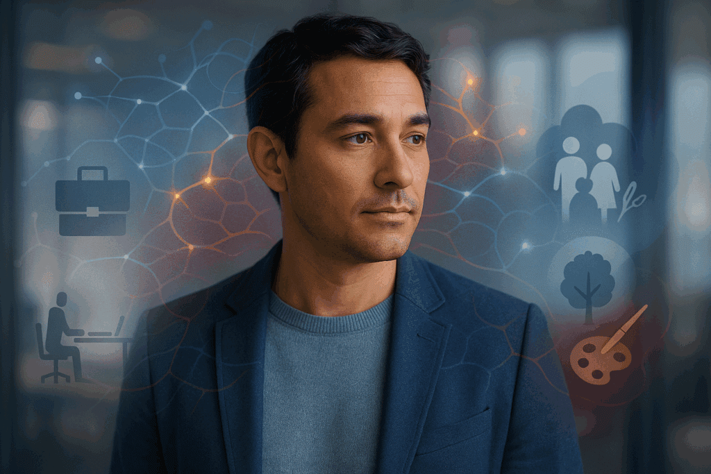 A portrait of a professional surrounded by neural networks and icons for work, family, nature, and creativity, expressing a multidimensional identity.