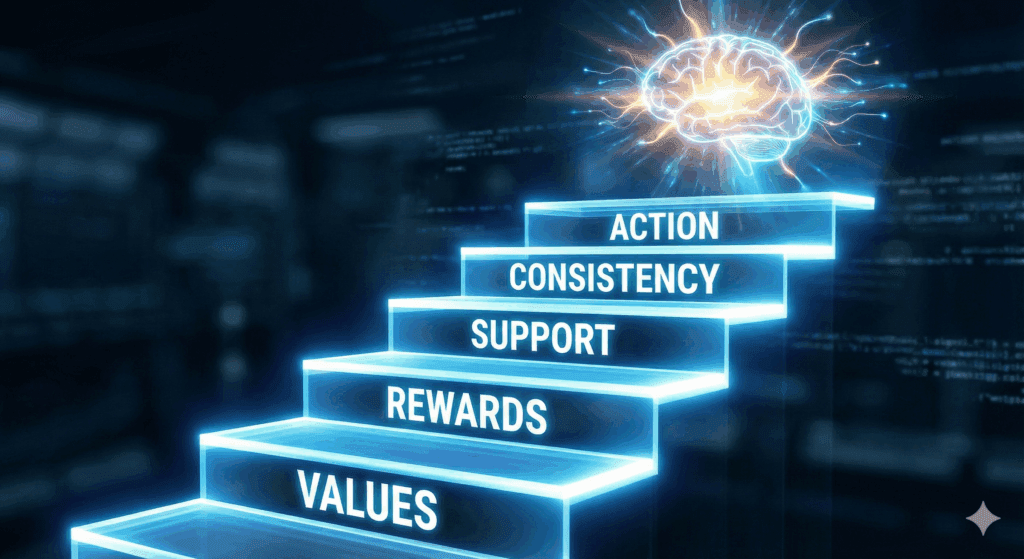 Ascending staircase with glowing neon labels showing neuroscience of behavior change framework from values through rewards support consistency and action with brain above