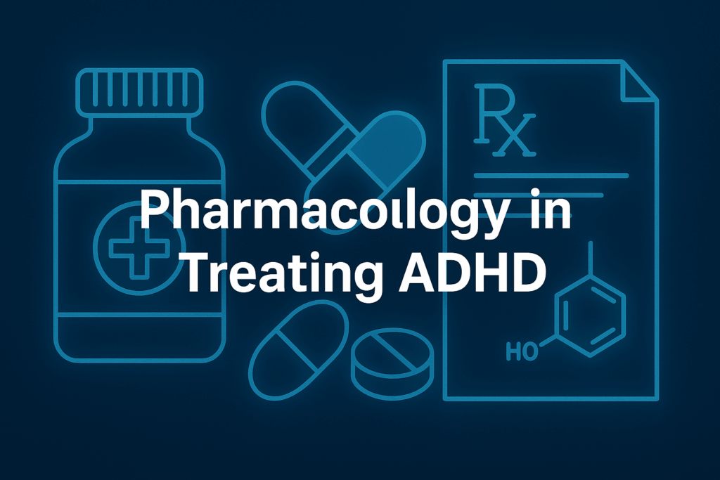  Medical illustration of prescription bottle and capsule pills depicting pharmacological ADHD treatment and dopamine management.

