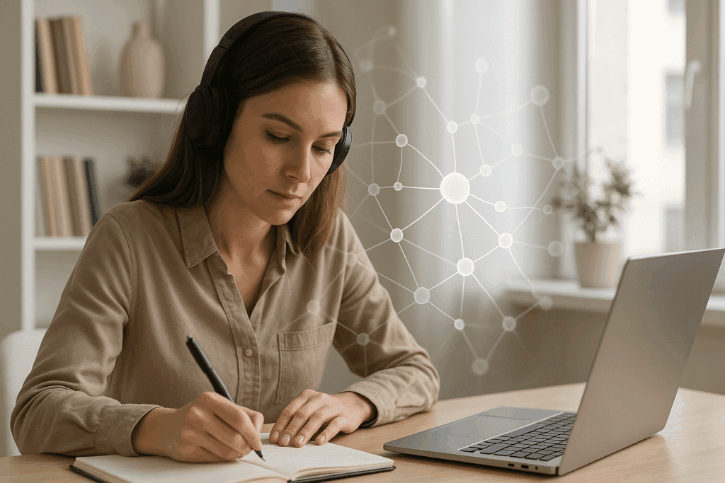 Woman wearing headphones focused on laptop work with neural network overlay representing ADHD and dopamine-driven concentration.