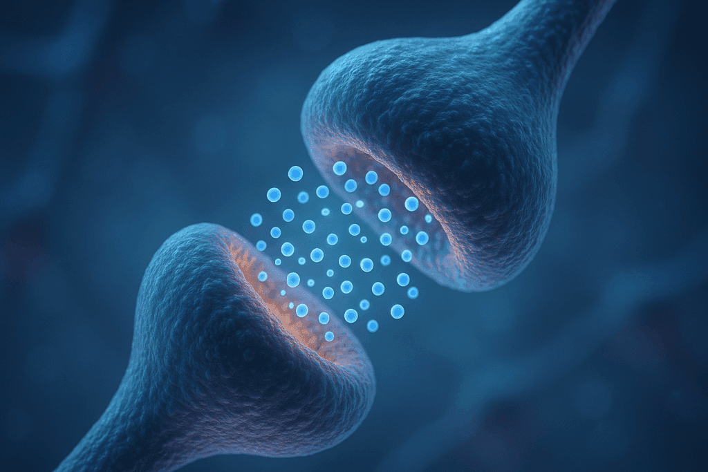  Close-up synaptic illustration showing dopamine molecule transmission between neurons, representing ADHD neuroscience at cellular level.