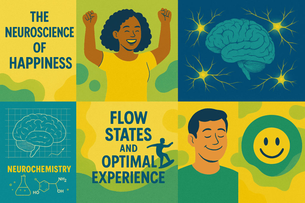 Colorful infographic illustrating the neuroscience of happiness showing neural pathways, brain regions, and neurotransmitter molecules.

