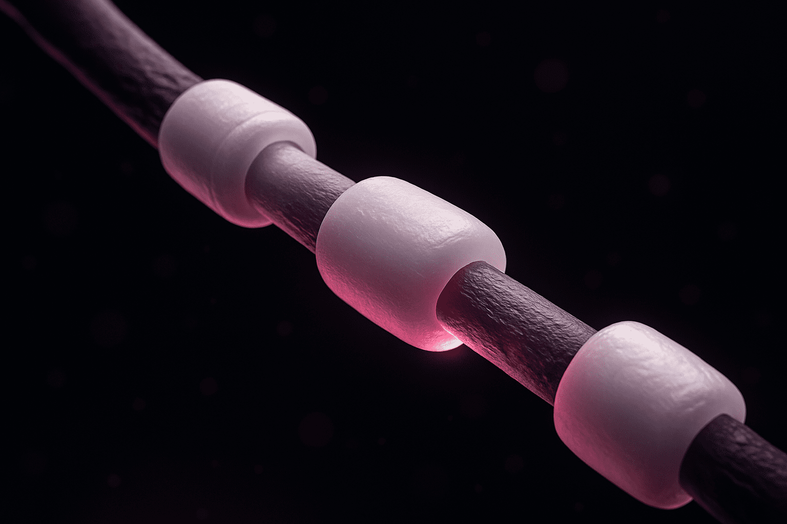 Microscopic synaptic junction with glowing pink nodes showing how the brain rewires itself at the cellular and molecular level.


