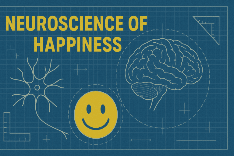 Blueprint-style diagram showing the neuroscience of happiness with neurons, brain imagery, and a happy yellow smiley face on blue grid background.