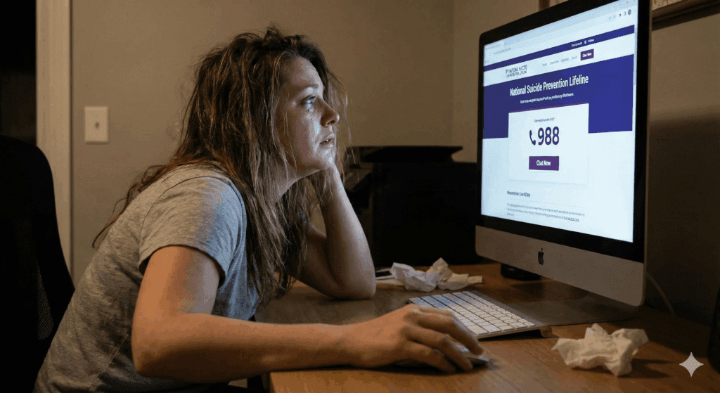 Person seeking help on computer showing suicide prevention lifeline in neuroscience-based coaching context.