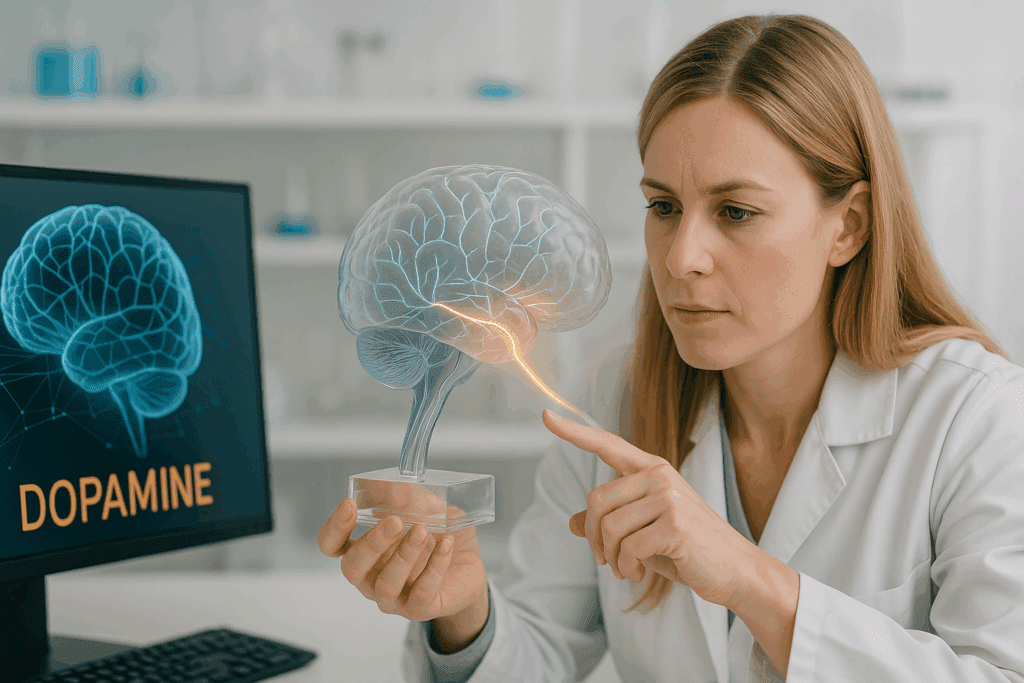 Female neuroscientist demonstrating precision dopamine signaling with a brain model and computer, highlighting advanced neuroplasticity and brain.