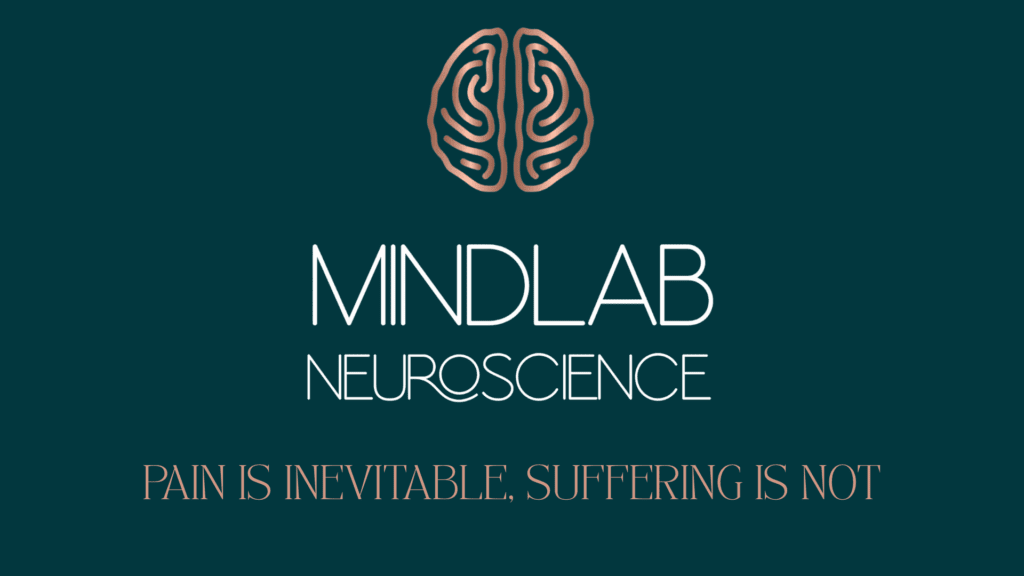 MindLAB Neuroscience logo with stylized brain icon and tagline 'Pain is inevitable, suffering is not,' representing neuroscience-based trauma recovery and professional brain health expertise.