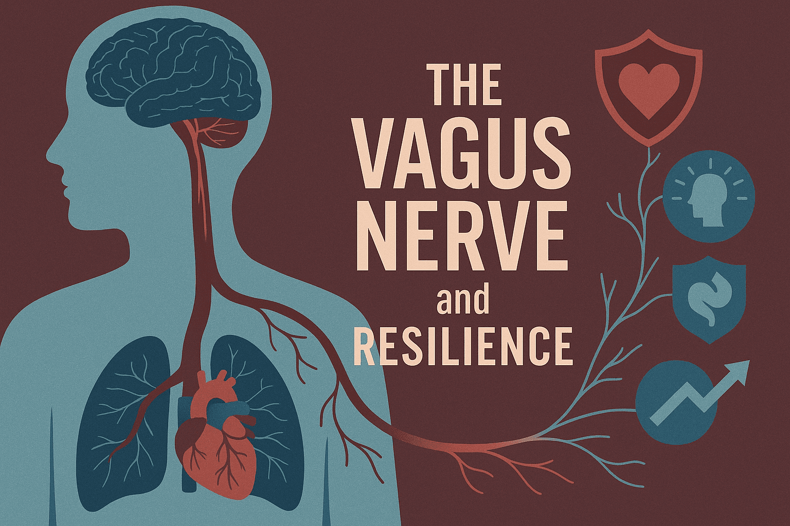 Medical illustration of the vagus nerve linking the brain, heart, and lungs, with icons for resilience, well-being, and upward growth on a branching diagram.