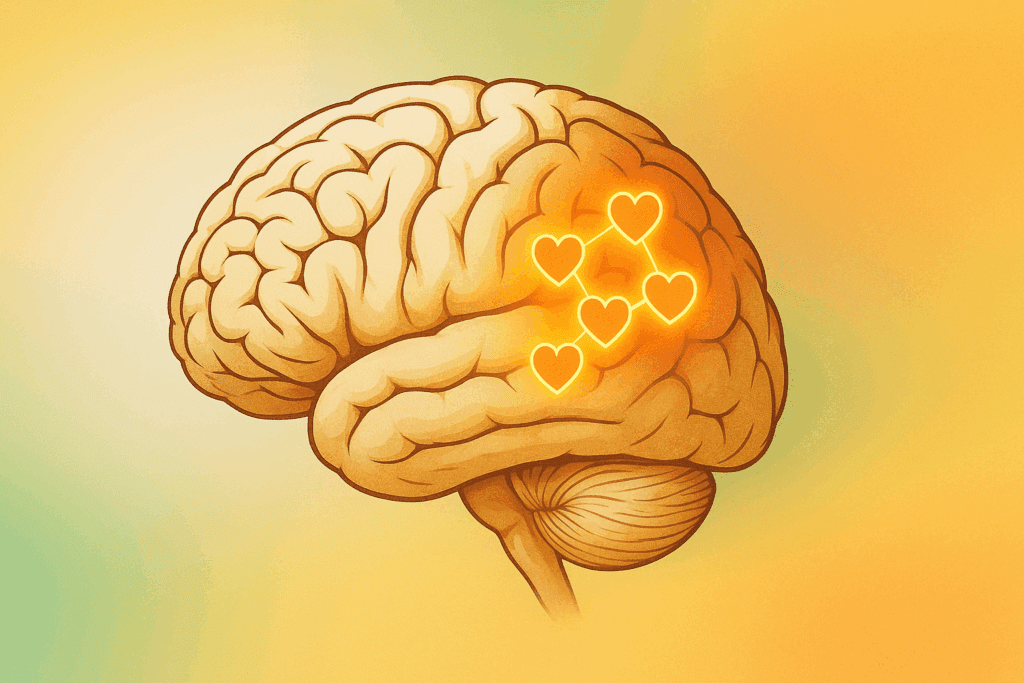 Brain illustration with glowing hearts showing emotional validation and dopamine release in relationships through neuroscience connection.