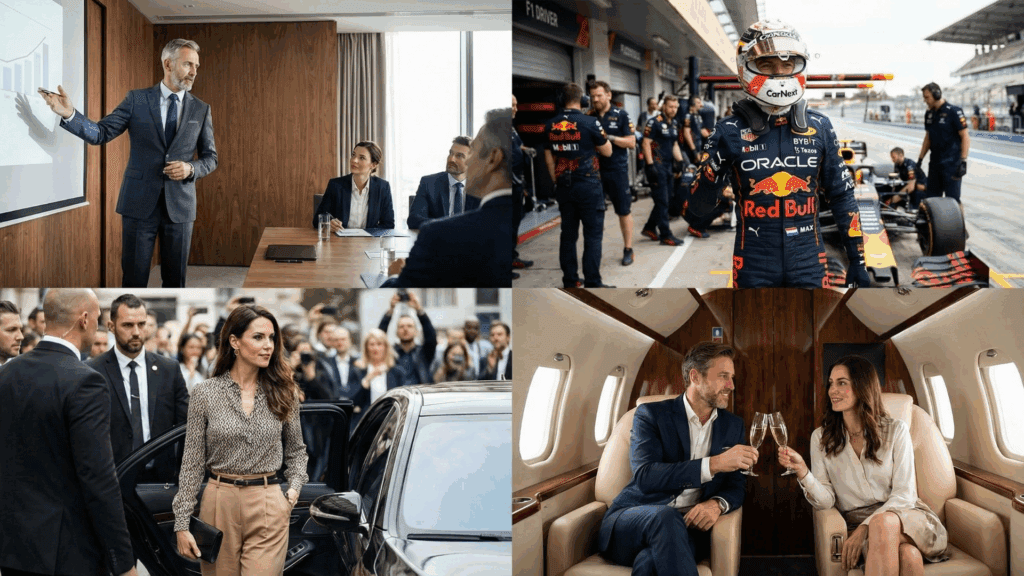 Diverse high-performing professionals in executive, motorsports, diplomatic, and luxury travel settings illustrating neuroscience-based coaching for elite leaders and ambitious achievers. High-performing executives, elite athletes, and professionals across corporate, motorsports, diplomatic, and aviation sectors demonstrating neuroscience-based coaching for ambitious leaders.