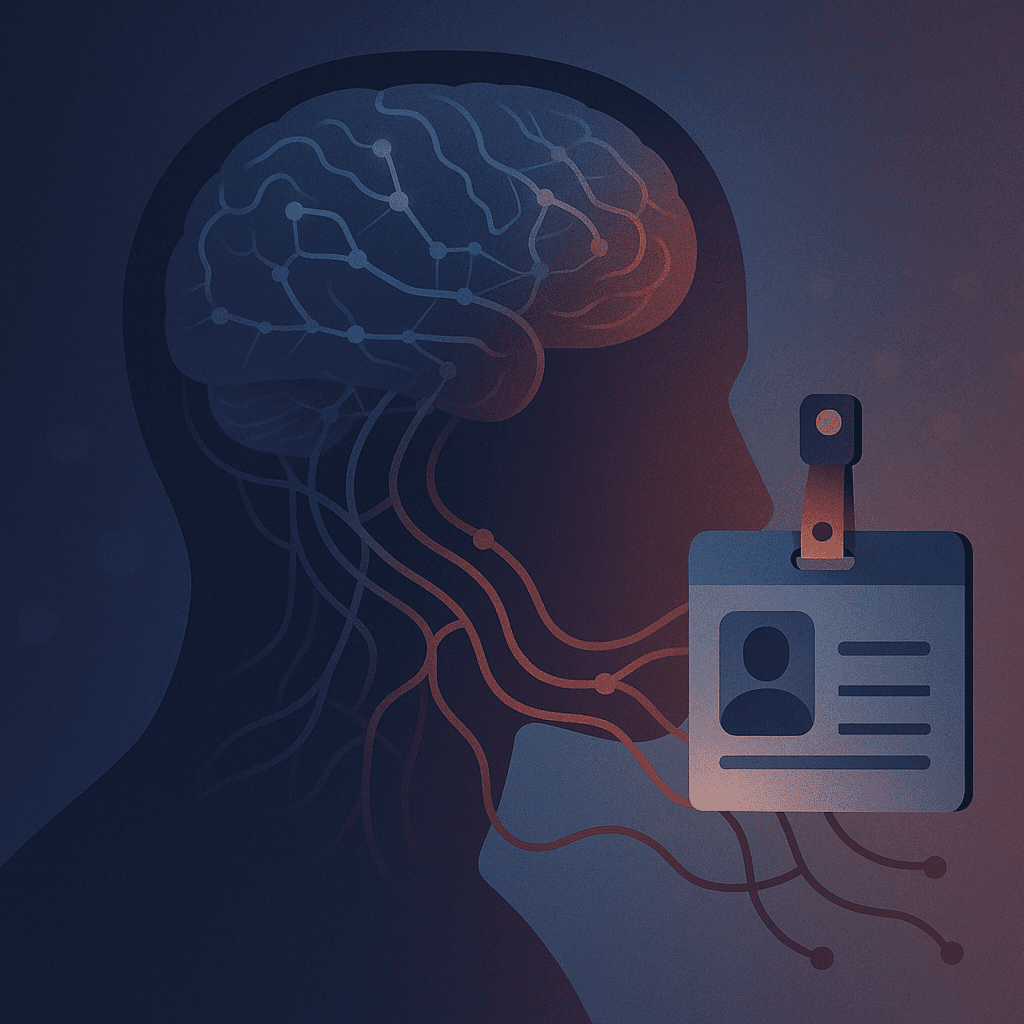 Abstract image of brain circuitry connecting to a work badge, reflecting neural link between career status and personal identity in modern life.