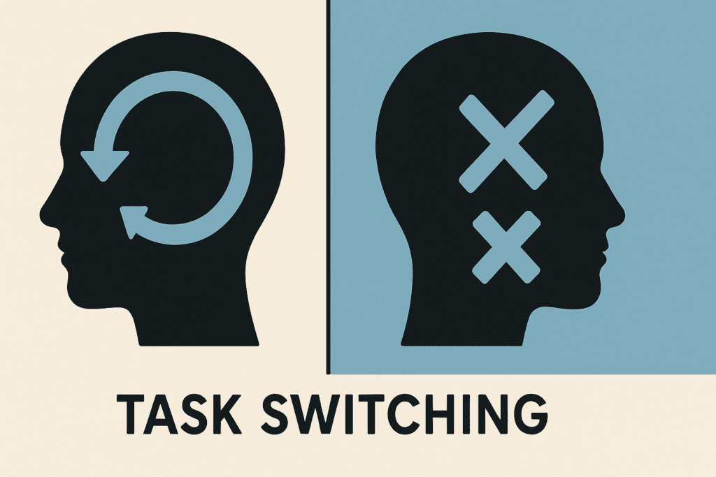 Two head silhouettes with arrows and X symbols comparing cognitive flexibility versus rigidity, illustrating task-switching and the neuroscience of working memory in brain function.



