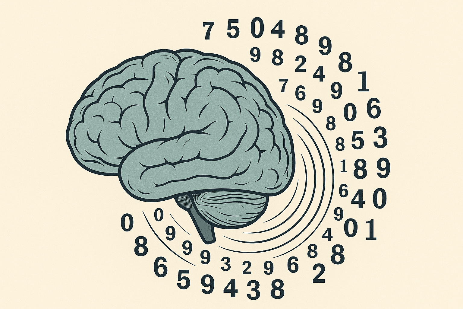 Brain displaying numbers to illustrate working memory and the neuroscience behind brain function during cognitive processing.





