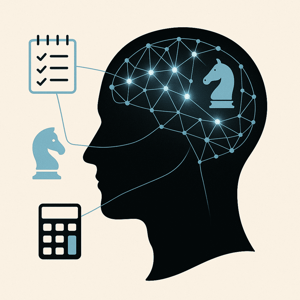 Head silhouette displaying interconnected neural network with chess knight, checklist, and calculator, showing how working memory integrates multiple cognitive processes in brain function.



