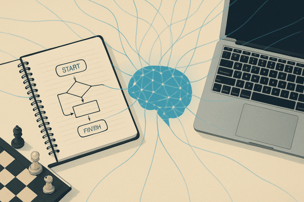  Brain with flowchart showing planning, strategy, and decision-making using chess pieces and laptop, demonstrating working memory's role in brain function.



