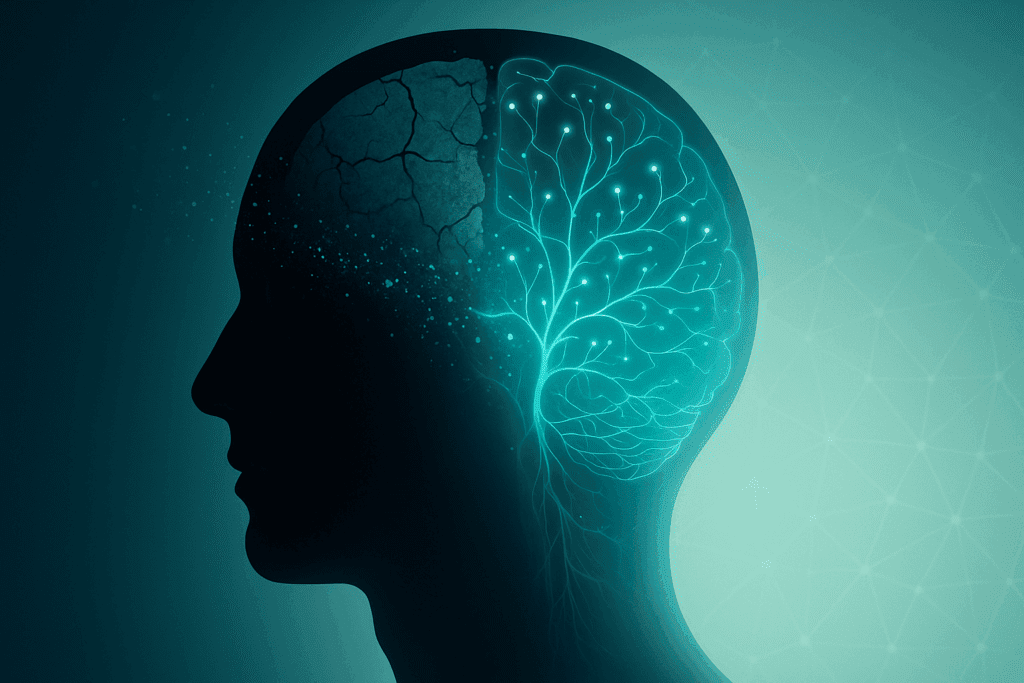 Head silhouette showing brain transformation with damaged left side and luminous rewired right side, illustrating neuroplasticity, rewire your brain after trauma, and mental healing.
