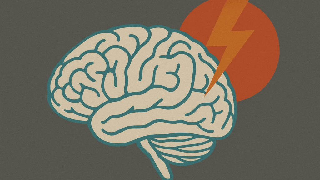Brain illustration with orange lightning bolt symbolizing the science behind neuroplasticity and neural energy.

