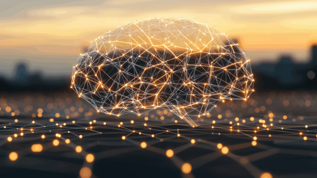 Artistic 3D rendering of a glowing brain, highlighting neural pathways and geometric shapes to represent brain neuroplasticity, brain injury recovery, neuroplasticity recovery, neuroplasticity and recovery, and brain plasticity and recovery.