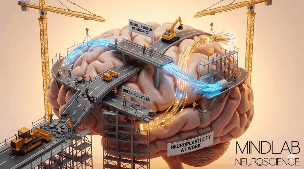 Brain illustration with construction site showing neural rebuild in progress and breaking cycles with glowing blue and gold neural pathways, representing neuroplasticity in neuroscience of mother daughter relationship healing and generational transformation.



