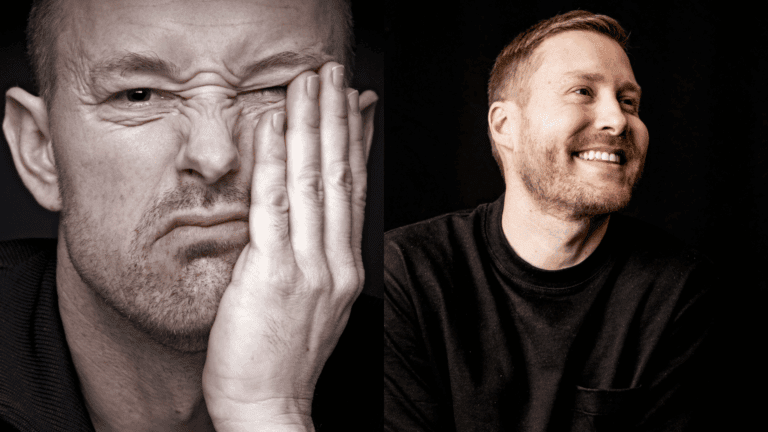 Split portrait of two men with thoughtful expressions, reflecting emotional modulation through a neuroscience-based approach to emotional stability and dopamine and mood swings.