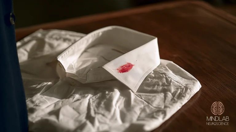 Lipstick smudge on the collar of a folded white dress shirt on a wooden table, a sign of infidelity and secrecy