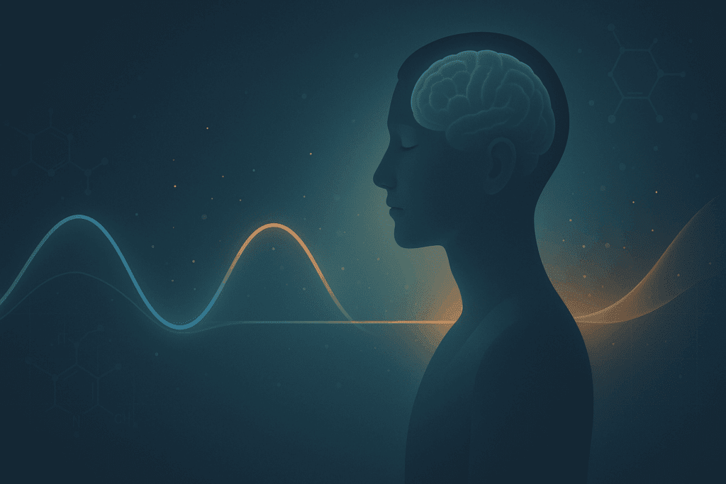 Digital illustration of a human brain and silhouette, visualizing the neuroscience-based approach to emotional stability and the impact of dopamine and mood swings.


