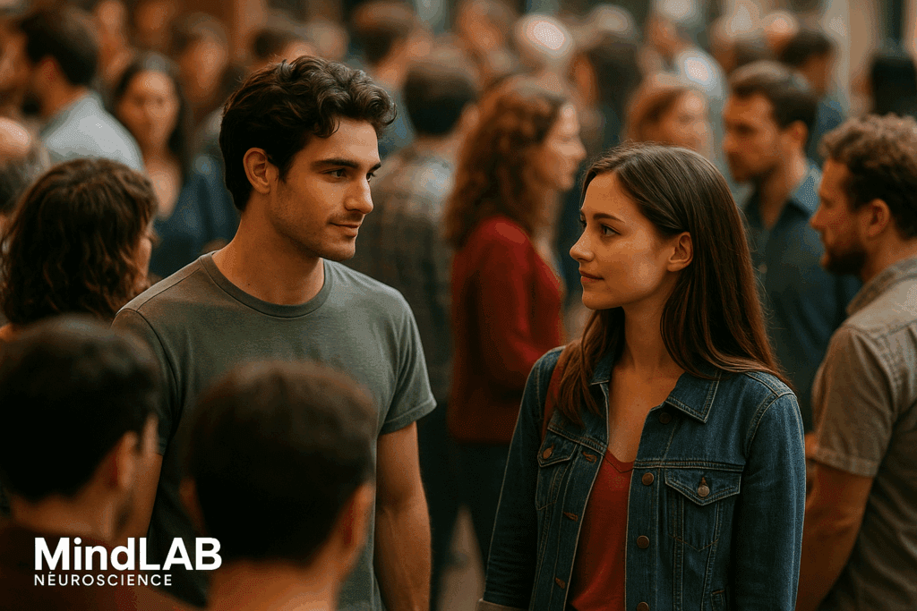 Man and woman making eye contact in a crowd, demonstrating the neuroscience of sexual attraction. Meta Description (158 characters): Two people experiencing mutual attraction and connection through brain chemistry. Discover how the neuroscience of sexual attraction triggers instant chemistry between partners.