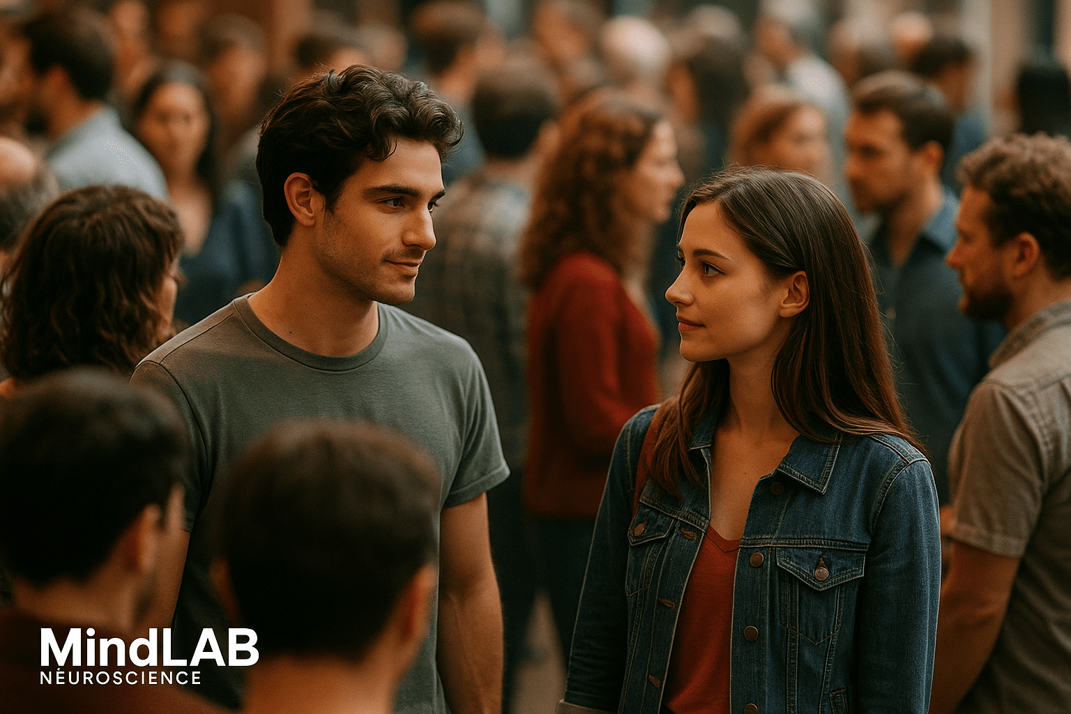 Man and woman making eye contact in a crowd, demonstrating the neuroscience of sexual attraction. Meta Description (158 characters): Two people experiencing mutual attraction and connection through brain chemistry. Discover how the neuroscience of sexual attraction triggers instant chemistry between partners.