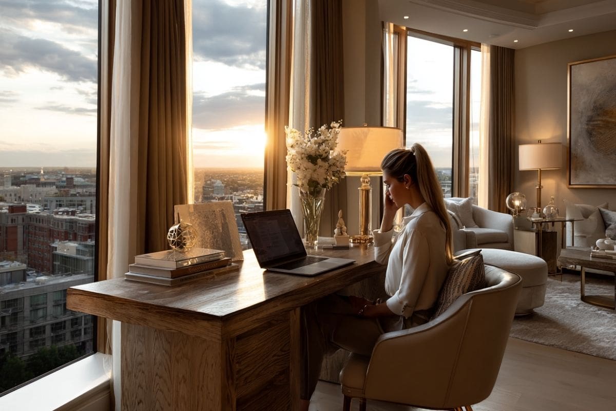 Professional executive in luxury penthouse home office with city skyline view on strategy call - Elite Insight Strategy Call - MindLAB Neuroscience