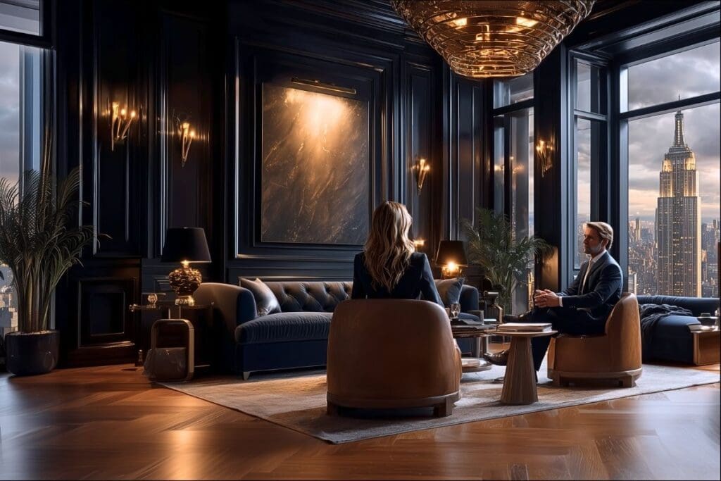 Ultra-luxury Manhattan penthouse with Empire State Building view, Dr. Sydney Ceruto and executive client in executive coaching session, deep navy furniture and golden accent lighting - NeuroConcierge™ exclusive coaching - MindLAB Neuroscience
