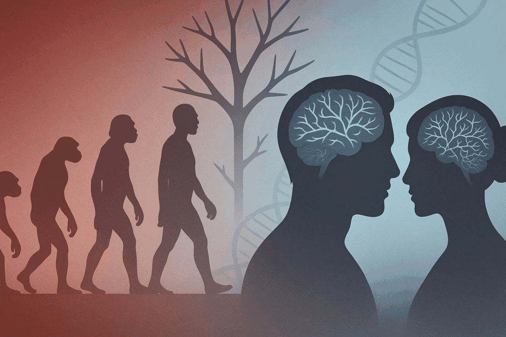 Human evolution illustration showing monogamous brain development versus unfaithful brain neuroscience through millennia of biological and social adaptation.